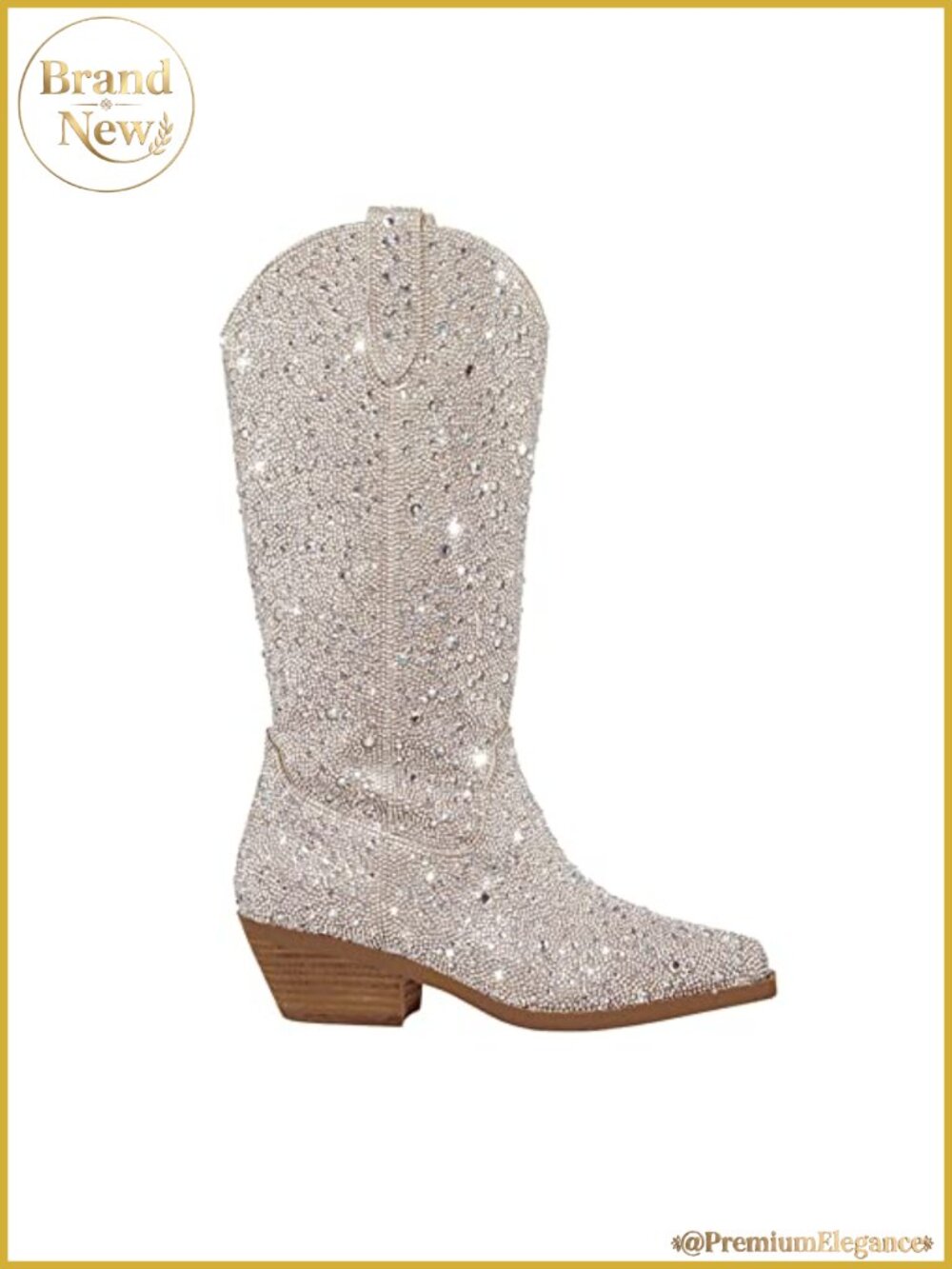 Rhinestone Cowboy Boots Sparkly Knee High Pointed Toe Block Heel Mid Calf